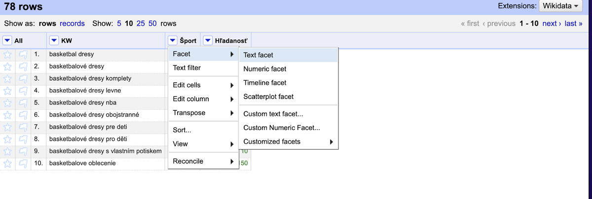 keyword research and analysis in seo - Open Refine text facet