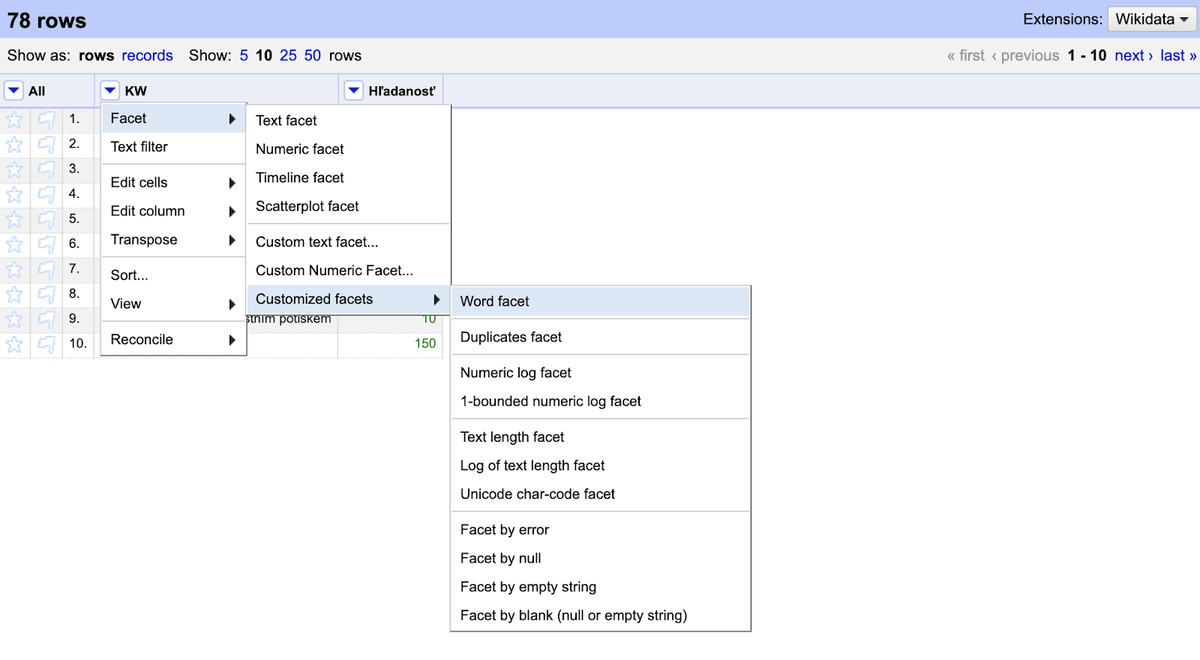 keyword suggestion analysis - Open Refine word facet